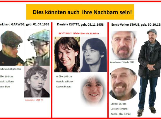 Der Fahndungsaufruf des LKA Niedersachsen zeigt die gesuchten mutmaßlichen RAF-Terroristen Ernst-Volker Staub, Burkhard Garweg und die aus Karlsruhe stammende Daniela Klette.