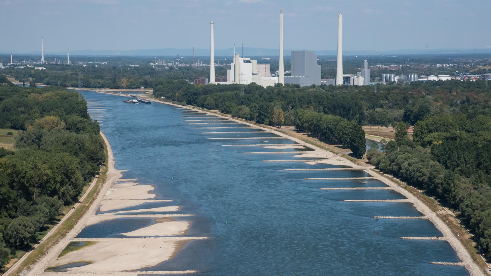 Blick auf das Kohlekraftwerk der EnBW im Rheinhafen bei Niedrigwasser