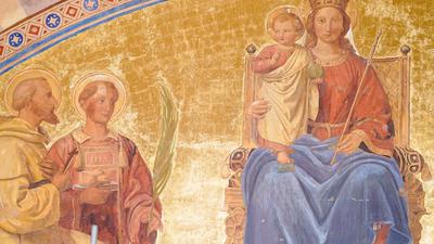 Der Heilige Bernhard von Clairvaux, der Heilige Erzmärtyrer Stephanus und die Heilige Jungfrau Maria mit Kind sind auf dem Fresko von Johann Baptist Schraudolph am Haupteingang des Speyerer Doms abgebildet. 