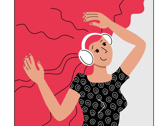 Young woman with headphones listening to music and dancing. Hand drawn social media avatar user icon. Character concept illustration website design. Stock vector flat illustration isolated on white.