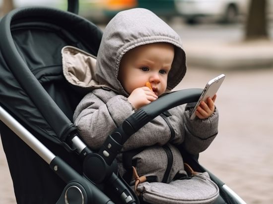 Ein Baby sitzt im Kinderwagen und starrt auf ein Smartphone in seiner Hand. 