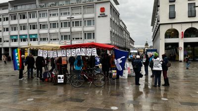 Etwa 50 Teilnehmer bei einer Julia Assange-Demonstration am Karlsruher Marktplatz.