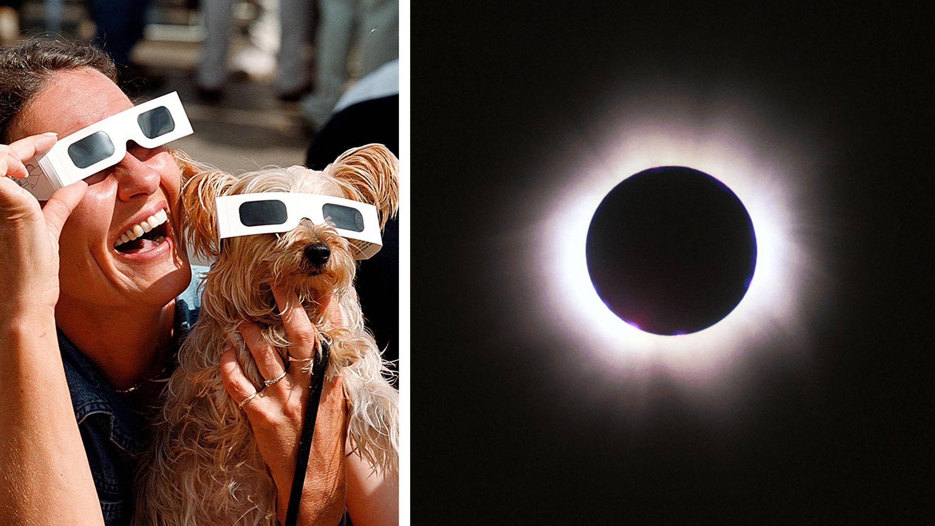 Eine Frau und ein Hund schauen durch eine spezielle Brille auf die sich verfinsternde Sonne. 