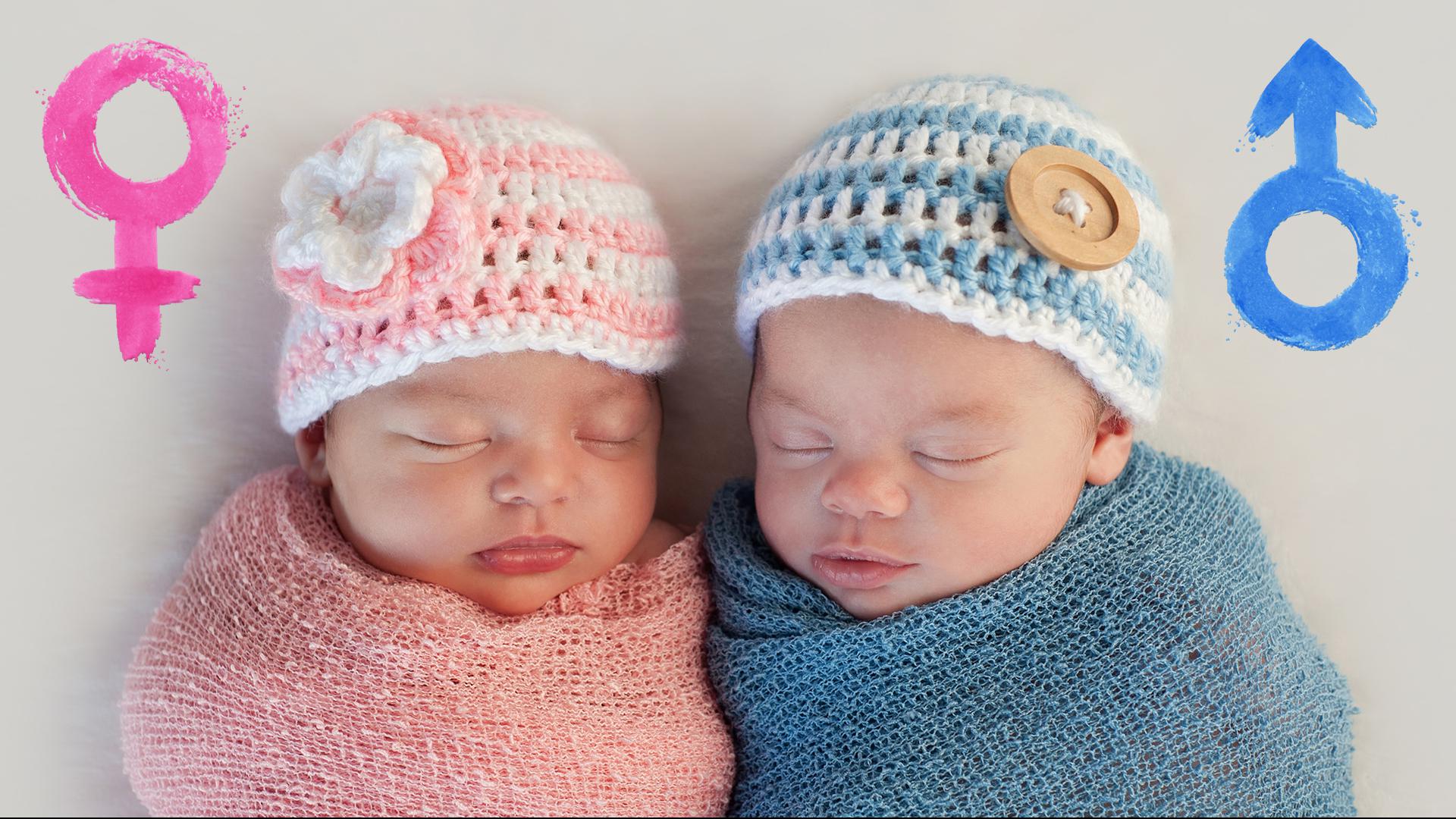Zwei Babys liegen nebeneinander, das linke trägt rosa Kleidung, das rechte blaue.