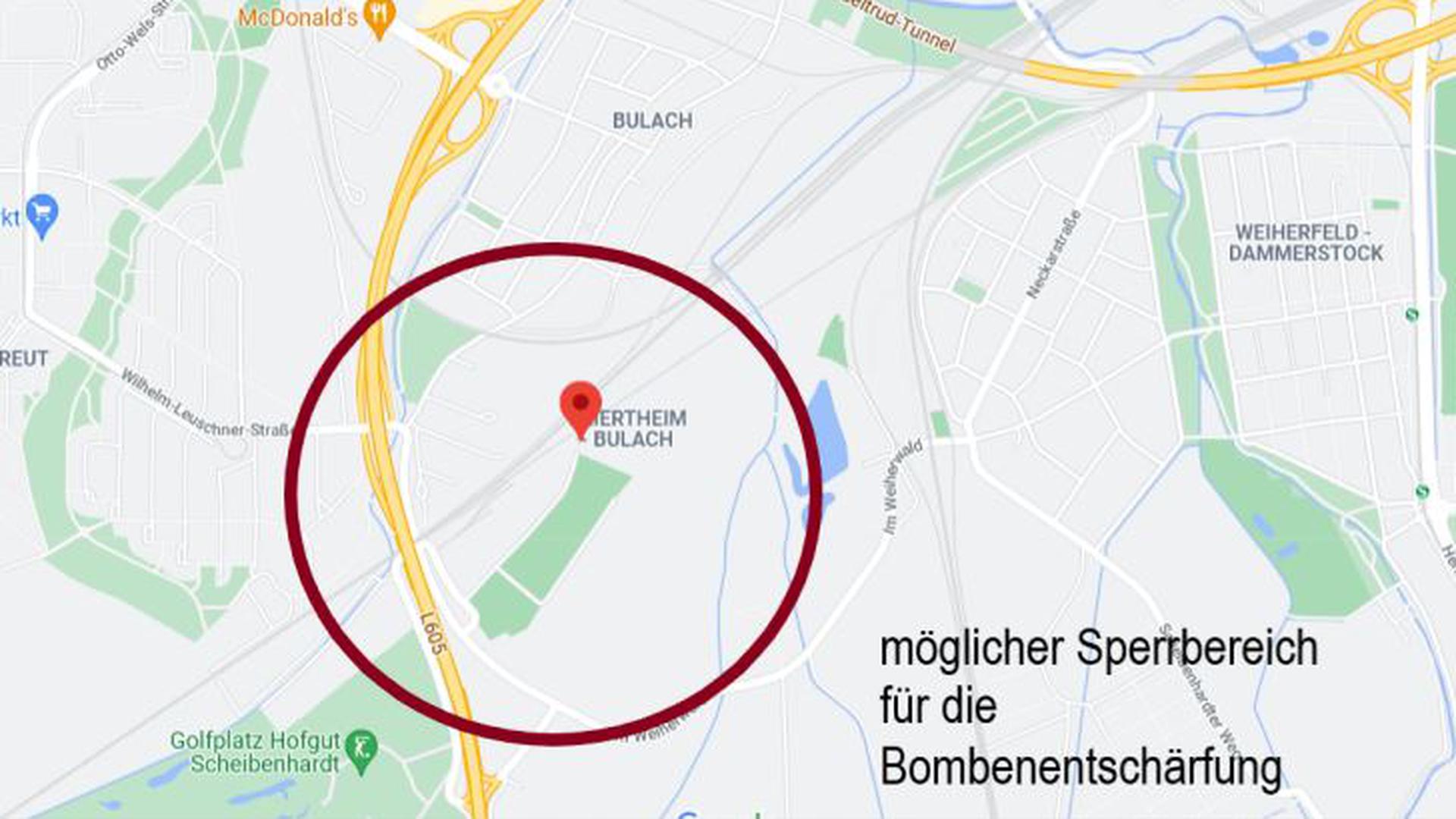 Karte zeigt den wahrscheinlichen Sperrbereich für die Bombenentschärfung in Karlsruhe.