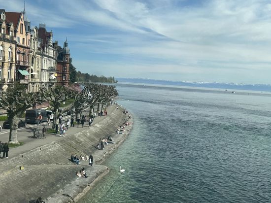 Blick auf das Ufer des Bodensees. Links steht eine Reihe von Häusern.