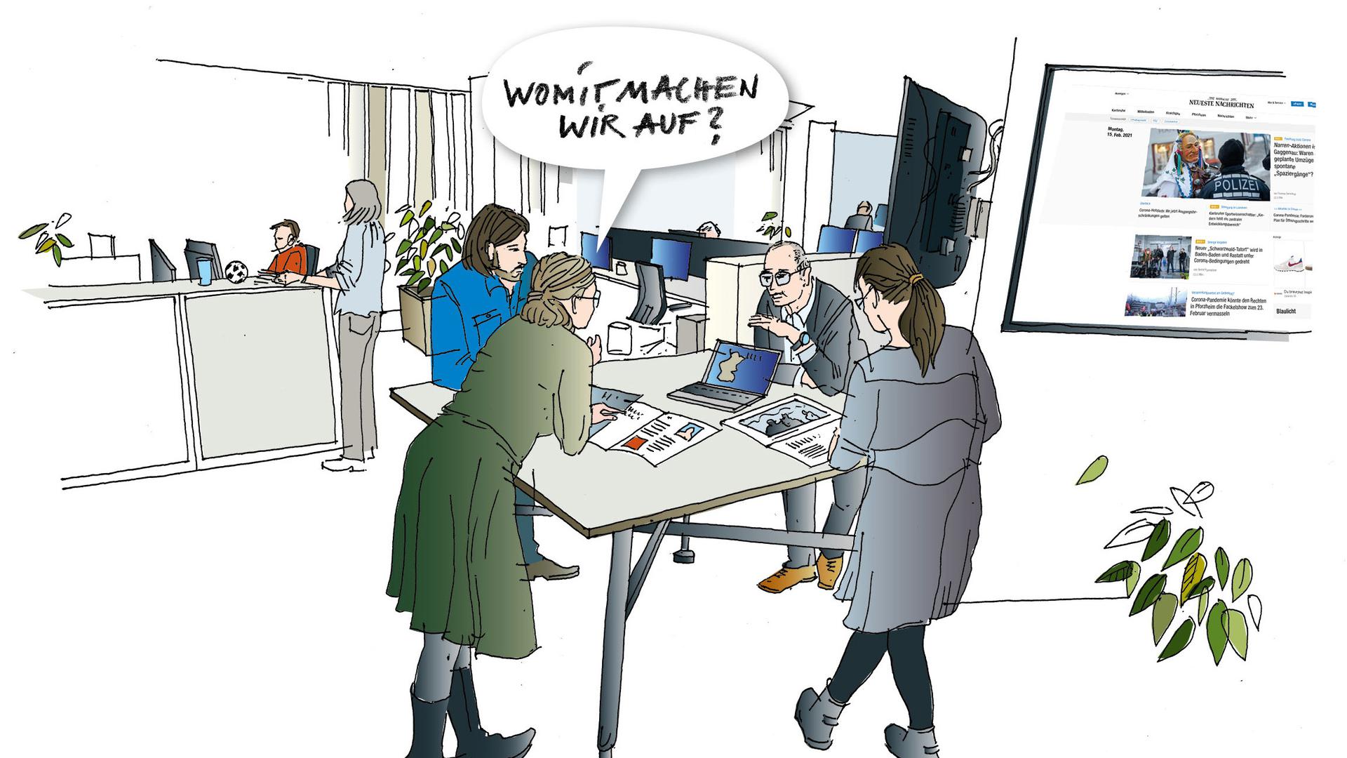 Illustration der Abläufe im Newsroom der Badischen Neuesten Nachrichten: So entstehen Zeitung und bnn.de.