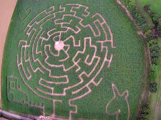 Ein Maislabyrinth von oben. Es ist rund, in der Mitte befindet sich ein Turm.