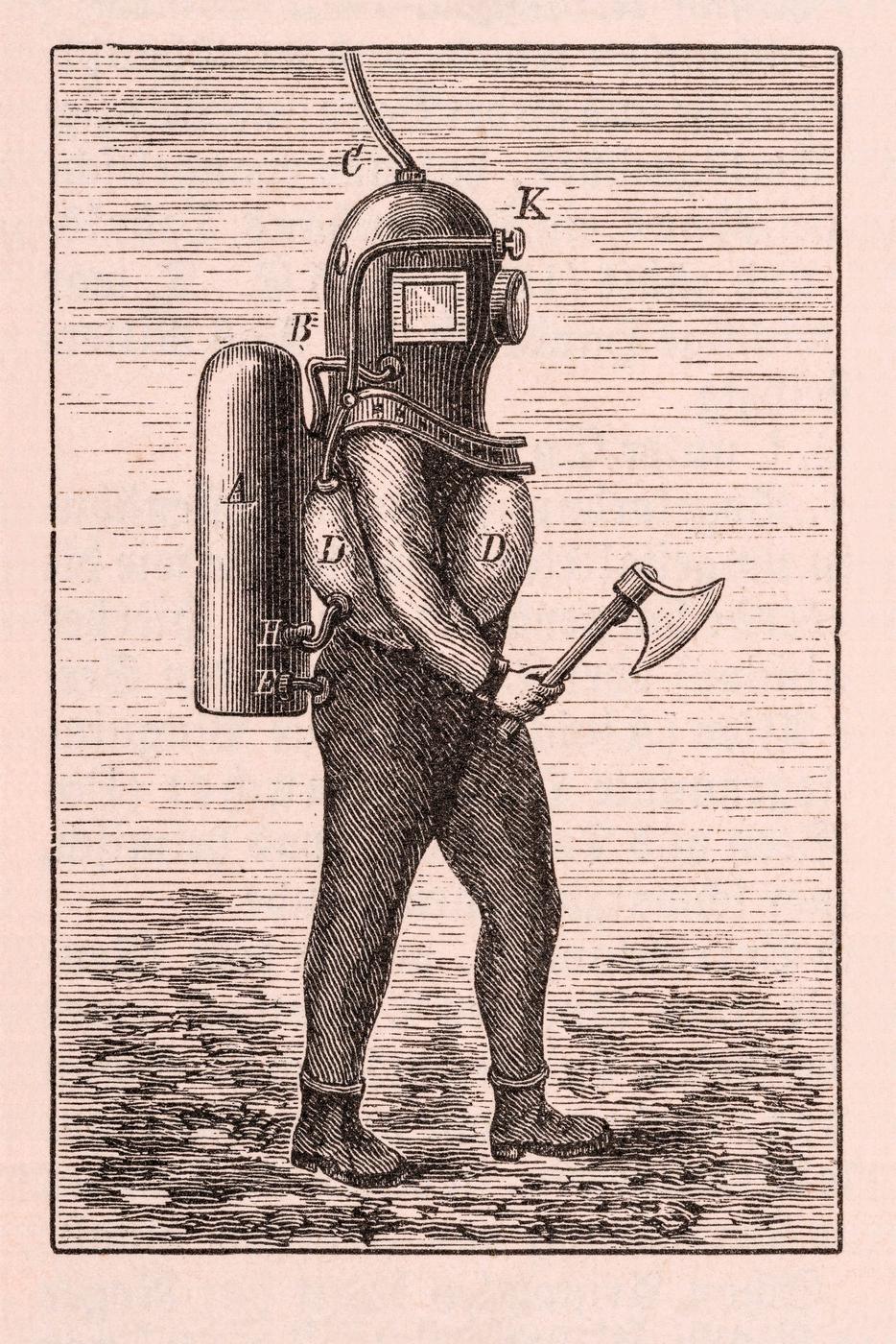 Der Holzstich von 1863 zeigt einen Taucher mit autonomem Tauchgerät.