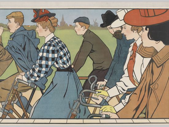 Was man kann, kann frau auch! Auf diesem holländischen Plakat sind drei Damen und drei Herren mit dem Rad unterwegs – und vom Künstler Johann Georg van Caspel völlig gleichberechtigt dargestellt.