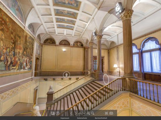 Das Treppenhaus mit dem monumentalen Wandbild von Moritz von Schwind im virtuellen 360-Grad-Rundgang.