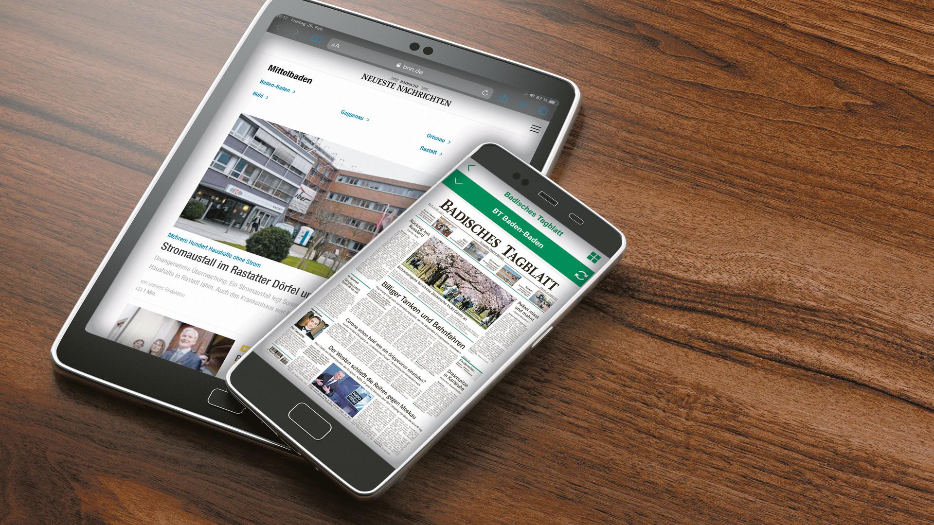 Ein Tablet und ein Smartphone mit den Homepages von BNN und BT