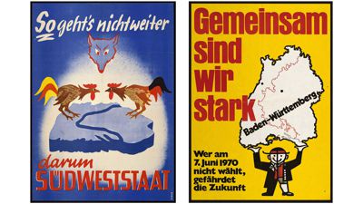 Plakat-Kampagnen: Vor der zweiten Abstimmung 1970 punktete das junge Bundesland Baden-Württemberg mit seiner Wirtschaftskraft. Nur noch rund 18 Prozent der Badener wollten zurück zur Selbstständigkeit. Vor der Abstimmung 1951 warb man für eine friedliche Fusion der badischen und württembergischen Streithähne.