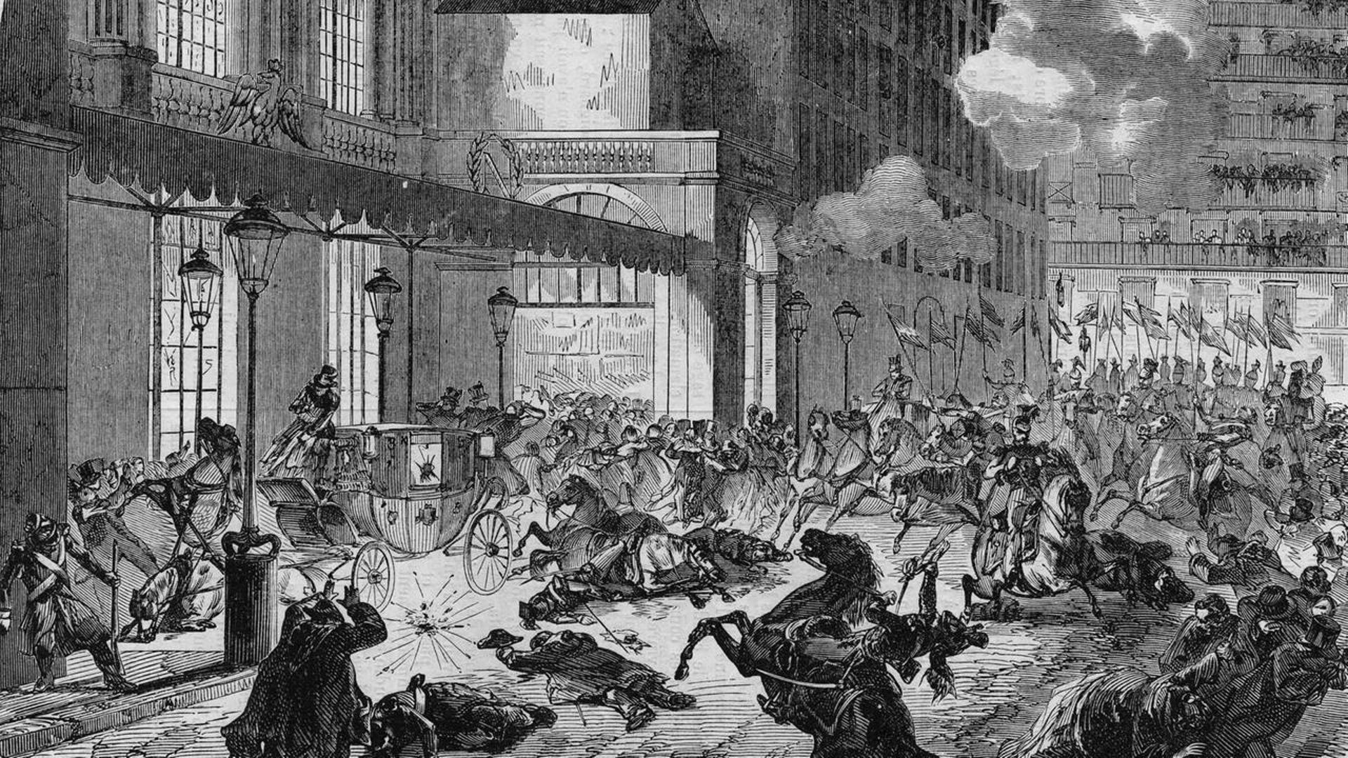 Das Attentat des italienischen Revolutionärs Felice Orsini (1819-1858) auf Kaiser Napoleon III. am 14. Januar 1858 vor der Pariser Oper. 