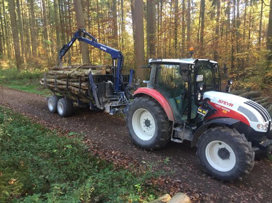 Die Mutschelbacher Holzhändler Reinisch und Ziegler sind mit schwerem Gerät im Wald bei Karlsbad unterwegs.