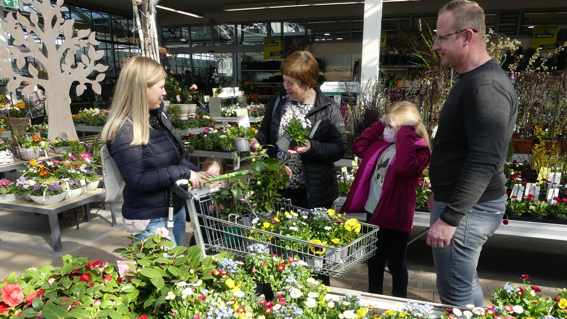 Blühende Frühlingsboten: Christian und Mila Zechiel, Edeltraud Beck und Sabrina Zechiel (von rechts) füllen ihren Einkaufswagen beim Garten-Center Dehner mit Frühjahrsblühern.