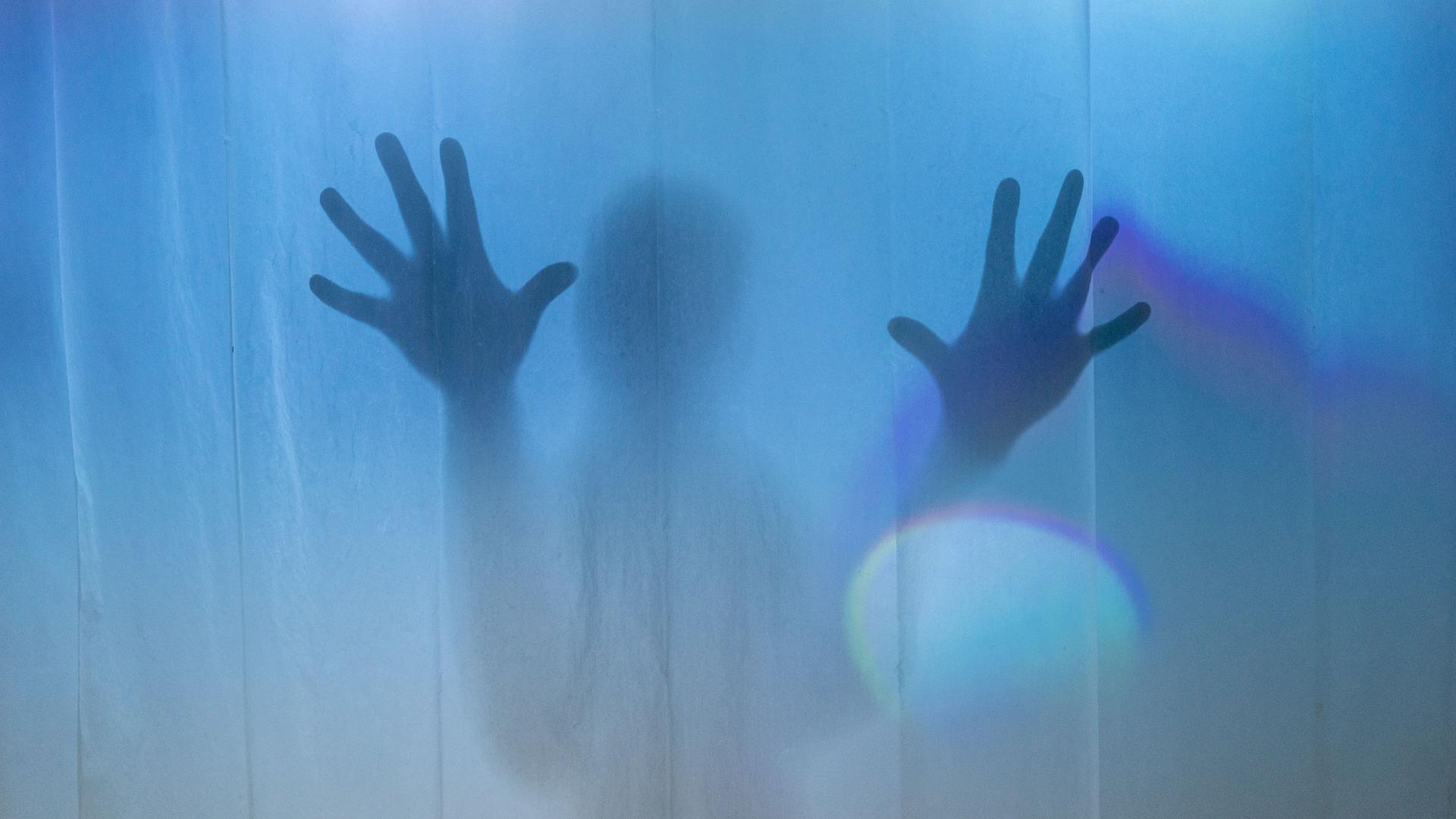 Zombies werden an Dirk Bielers Halloweenpartys auf einen Duschvorhang projiziert. Die „schlichtere“ Variante hier hängt das ganze Jahr.