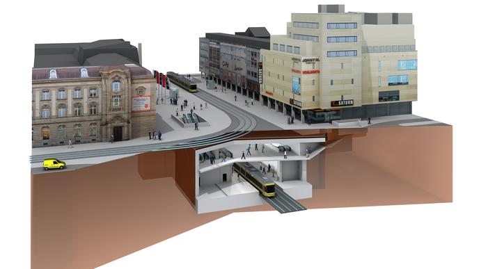 Illustration der unterirdischen Haltestelle Europaplatz im Rahmen der Kombilösung Karlsruhe.