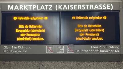 Aufgrund eines technischen Defekts fahren im Karlsruher Stadtbahntunnel derzeit keine Bahnen. 