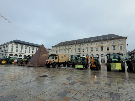 Ein Dutzend Traktoren auf dem Karlsruher Marktplatz.