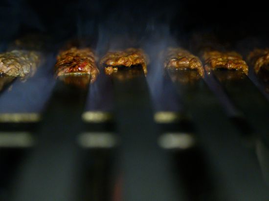Fleischspieße liegen am Fraunhofer-Institut für Bauphysik IBP in einem Grill. Die Wissenschaftler der Abteilung Verbrennungs- und Umweltschutztechnik forschen zur Abgasreinigung bei Grillstellen in Restaurants. (zu dpa: «Wissenschaftler grillen für bessere Luft») +++ dpa-Bildfunk +++