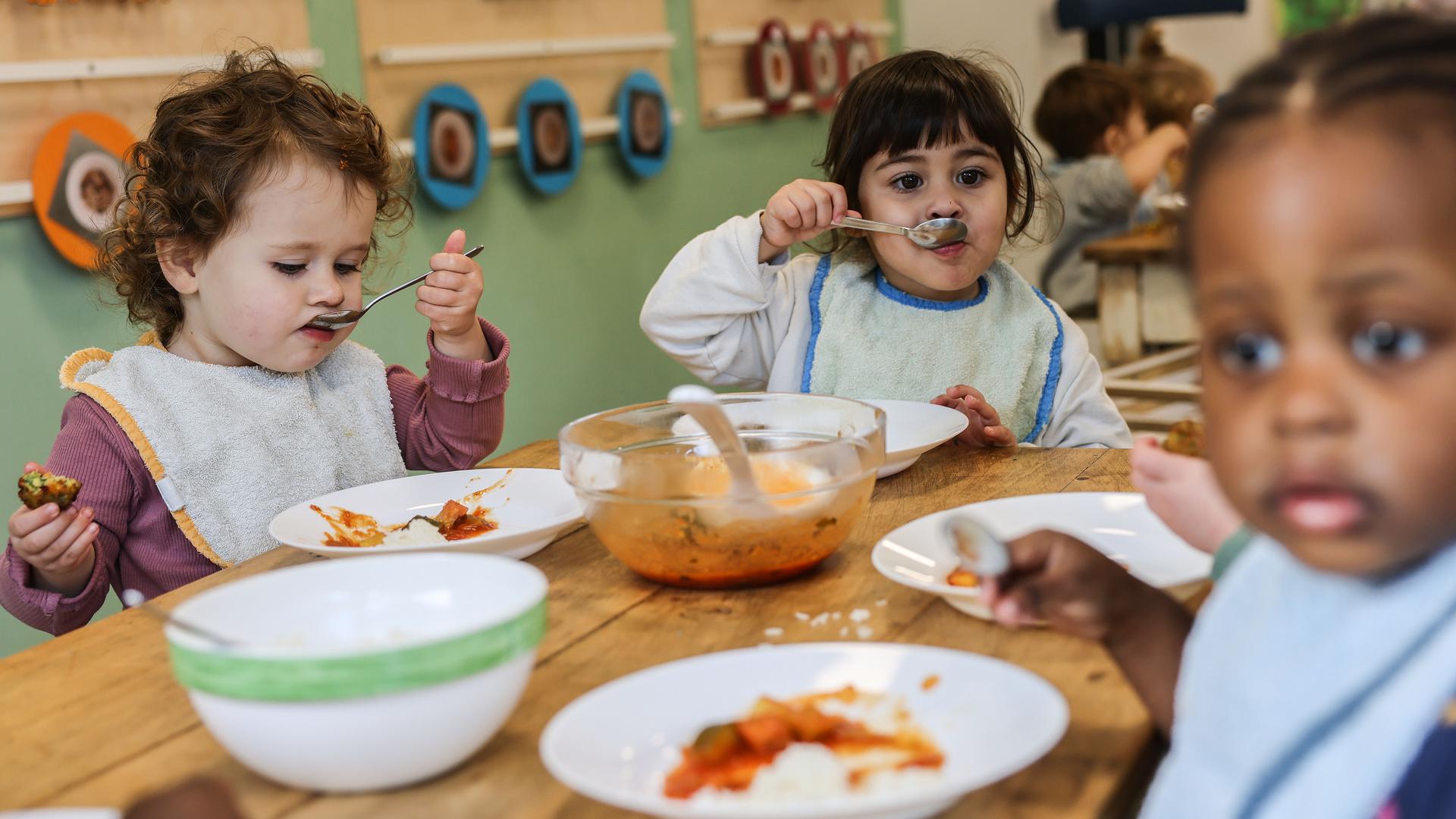 Kinder essen in einer Kindertagesstätte ein vegetarisches Menü. Der Fröbel-Kindergarten Kalk bietet schon seit rund zwei Jahren ein rein vegetarisches Menü für die Kinder an. 