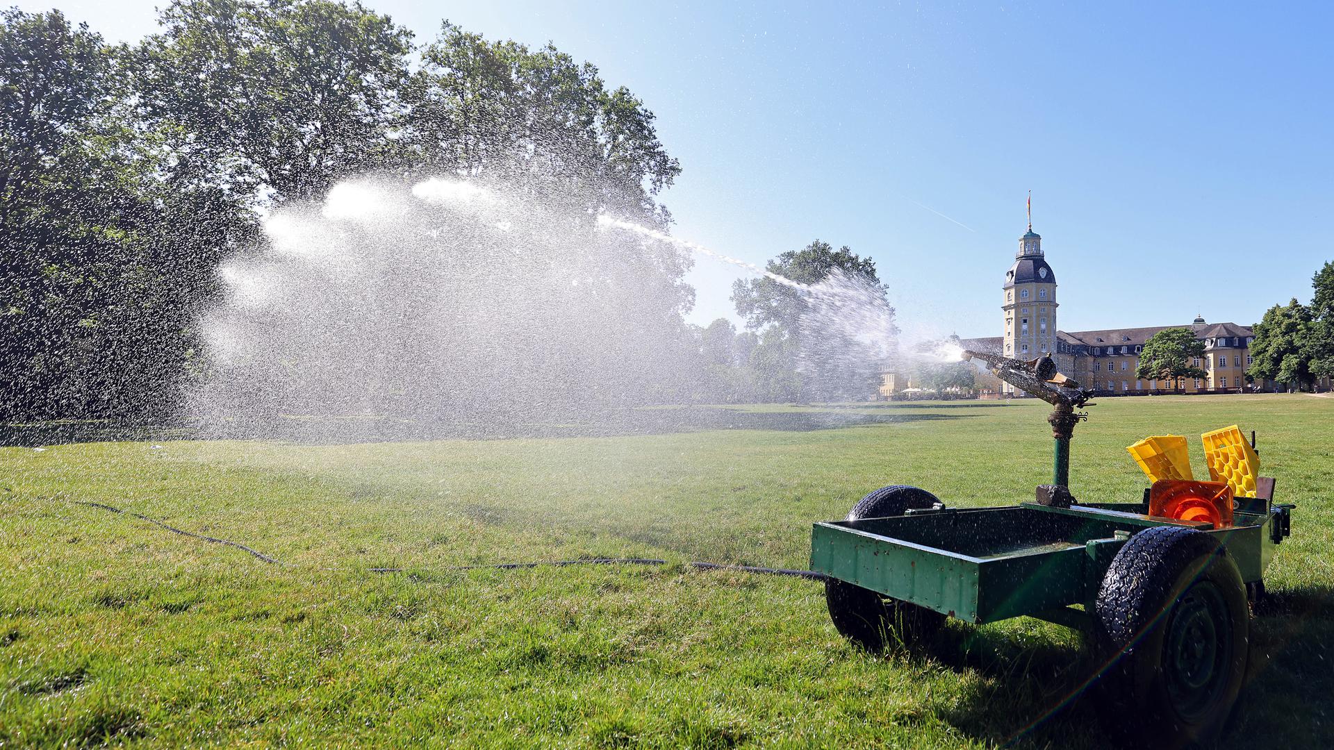 Am 14. Juni 2022  ist die Bewässerung rund um das Karlsruher Schloss bei sommerlicher Hitze noch wichtiger als sonst.