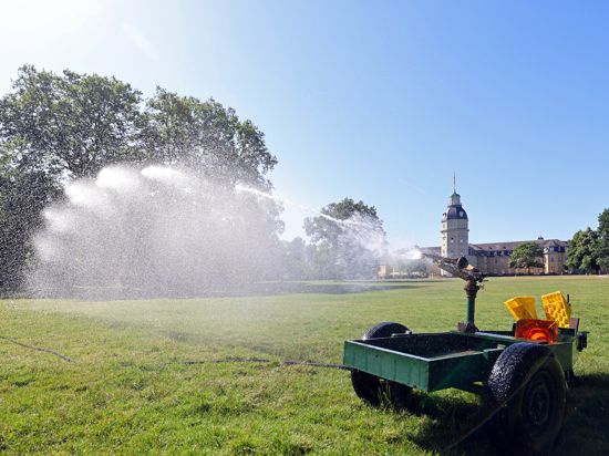 Am 14. Juni 2022  ist die Bewässerung rund um das Karlsruher Schloss bei sommerlicher Hitze noch wichtiger als sonst.