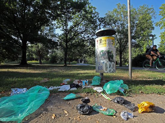 Müll-Stilleben: Dieser Abfalleimer beim Albufer nahe des Entenfangs wurde am frühen Morgen wohl schon ausgeräumt.