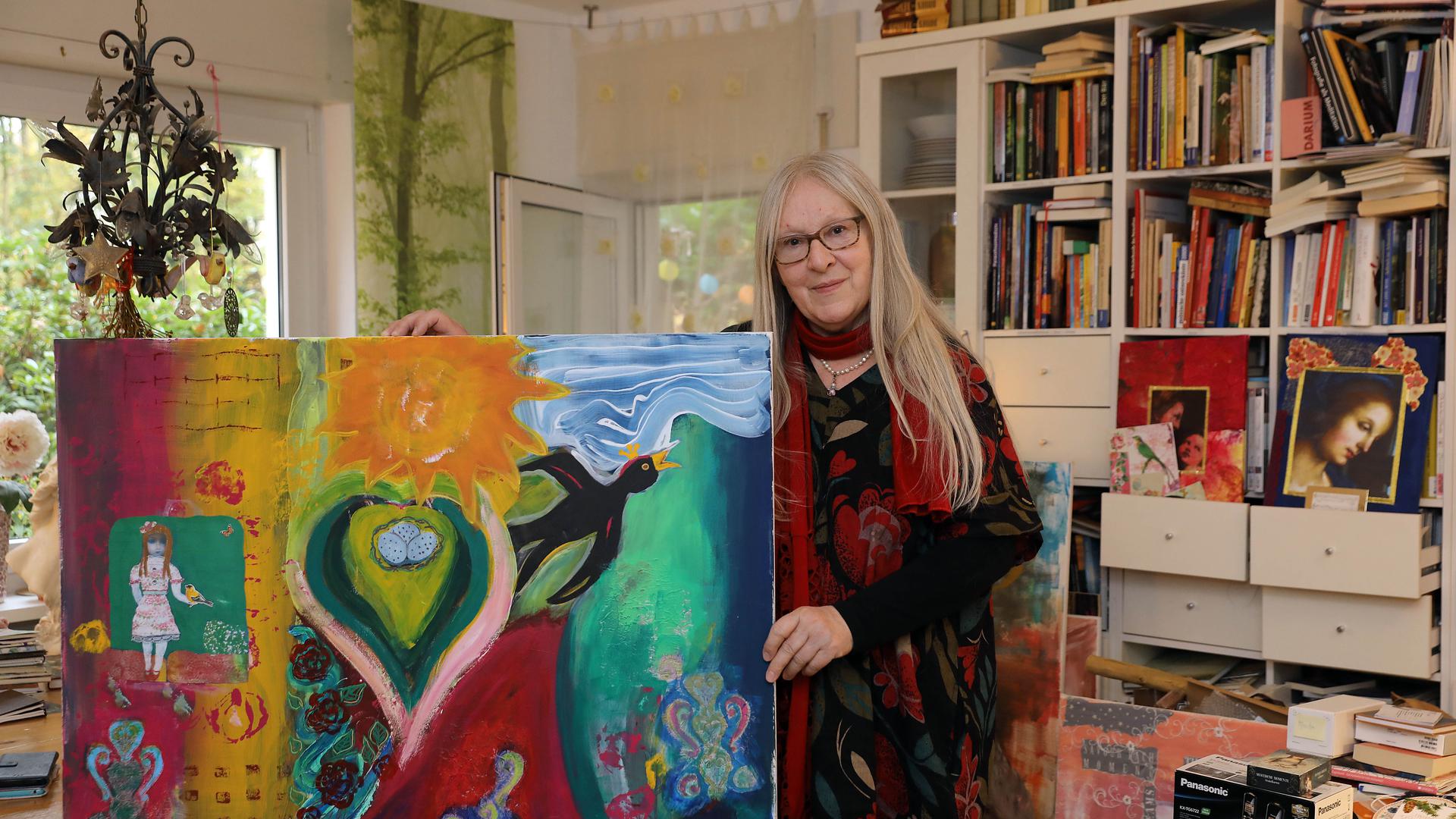 Kunst als Therapie: Zu Beginn der Corona-Pandemie hat Monika Seelmann dieses farbenfrohe, collagenhaft anmutende Bild gemalt. 