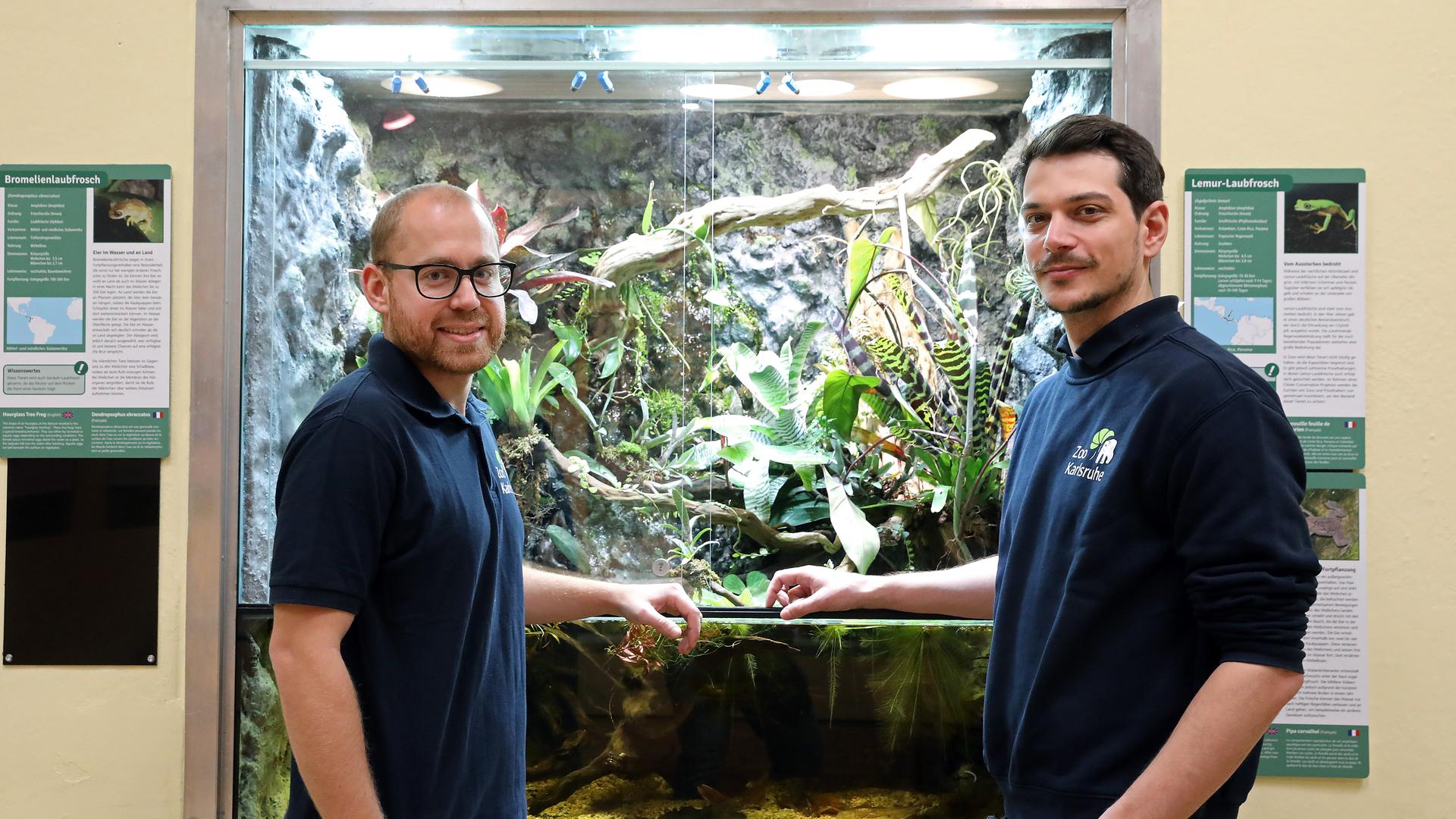 Die Tierärzte Marco Roller (links) und Lukas Reese vor dem Schau-Aquaterrarium im Raubtierhaus