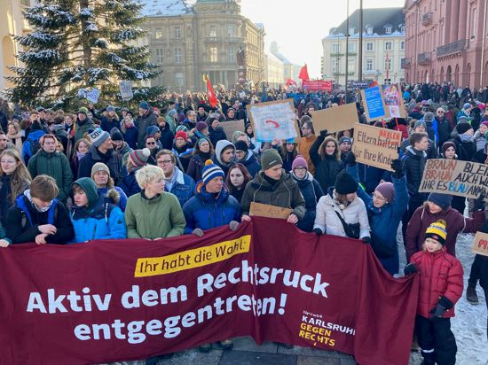 Bunt ist das Feld der Demonstranten für Demokratie und gegen Rechts in Karlsruhe. Die große Spannbreite ist auffällig, viele haben Plakate oder Banner mit dabei.
