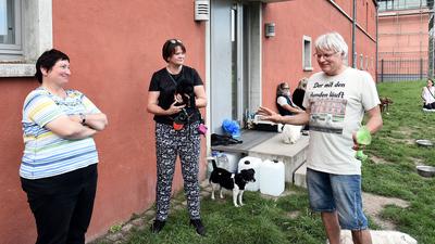Andreas Gold (rechts) und Stadträtin Petra Lorenz (Mitte) versuchen mit Argumenten und ihren Hunden, Gartenbauamtsleiterin Doris Fath (links) von den Vorzügen einer umzäunten Hundewiese am Schloss Gottesaue zu überzeugen.