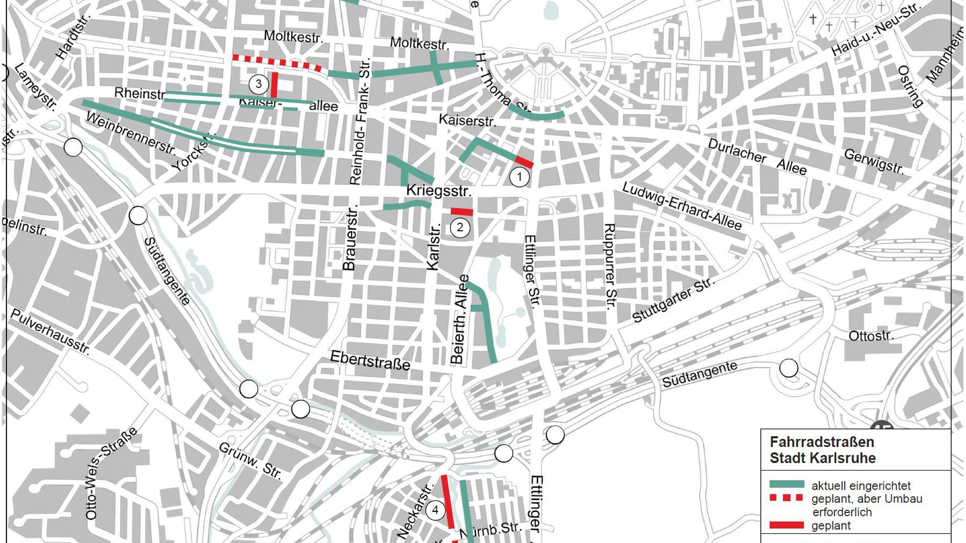 Eine Übersicht über bestehende und geplante Fahrradstraßen in Karlsruhe.