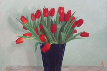  Das Ölgemälde „Rote Tulpen“ von Feodora Hohenlohe, gemalt 2023, ist derzeit in der Galerie Schrade am Zirkel ausgestellt.