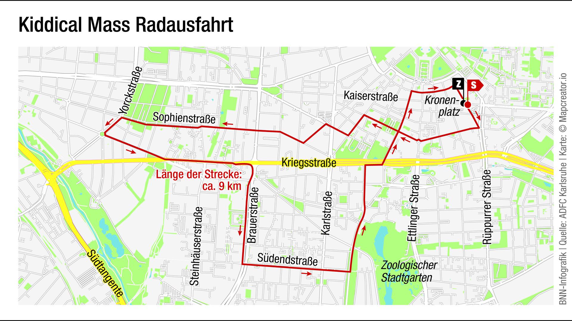 Karte der Raddemo in Karlsruhe