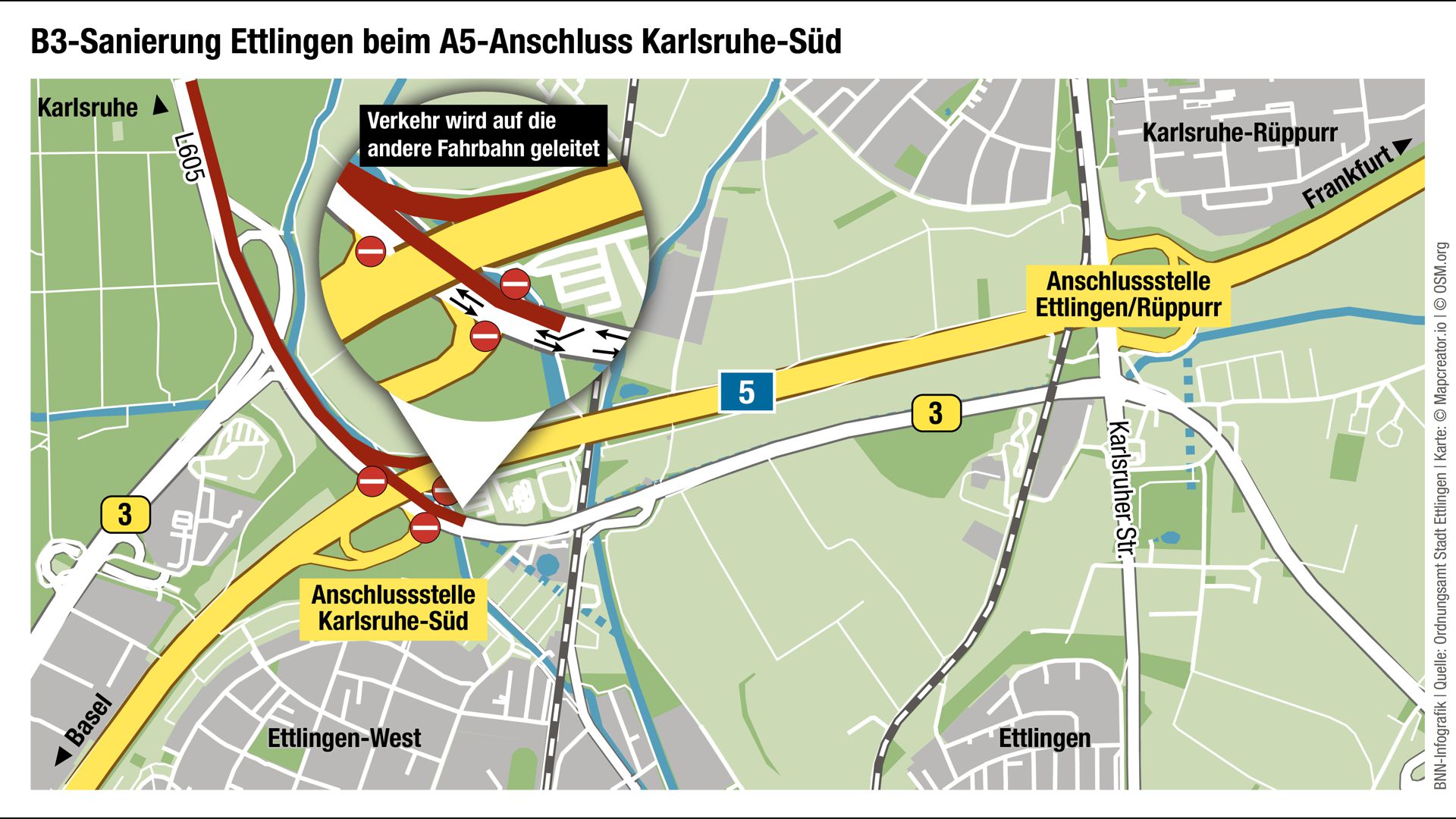 B3 bei Ettlingen wird zur Baustelle – A5 Auffahrt Karlsruhe-Süd komplett gesperrt 