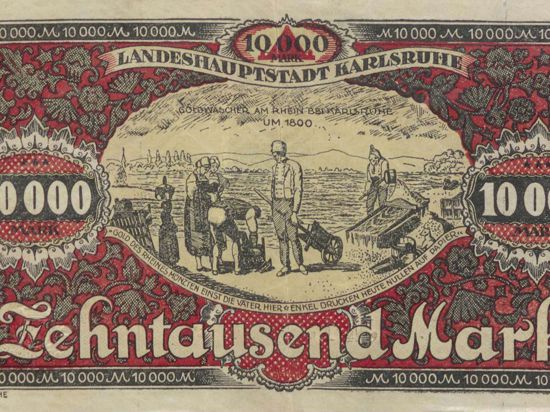 10.000-Mark-Notgeldschein aus Karlsruhe vom Februar 1923 mit dem Motiv „Goldwäscherei um 1800“
