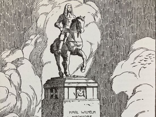 Entwurf: Nach Plänen von Fridolin Dietsche entstand dieser Entwurf für ein Markgraf-Karl-Wilhelm-Denkmal, mit dem die Badische Landeszeitung im Juni 1908 ihre Leser überraschte.