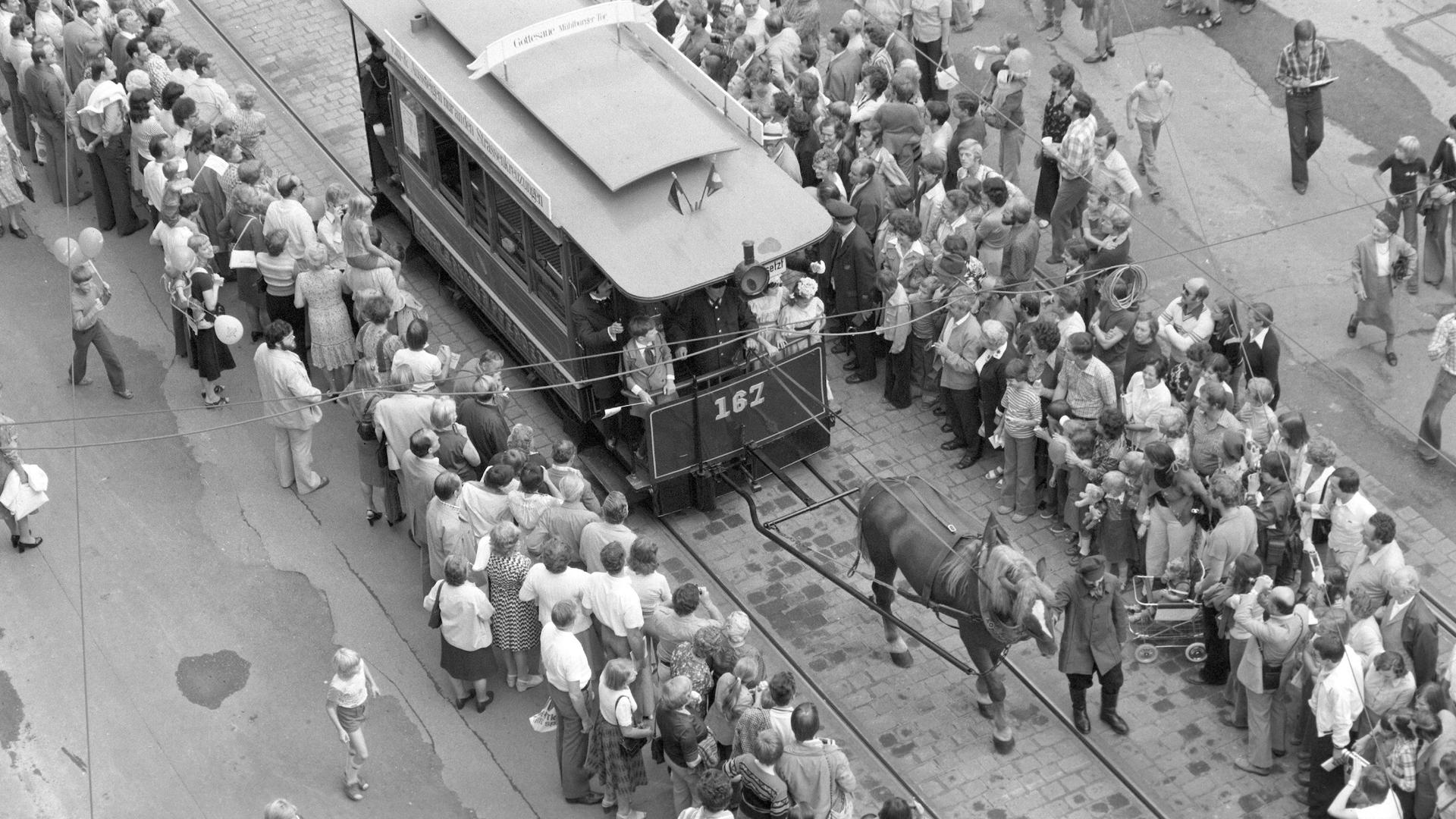 ÖPNV in früherer Zeit: Mit nur einer Pferdestärke ging es zwischen 1870 und 1900 durch die Kaiserstraße. Dann wurden die Bahnen elektrisch.
