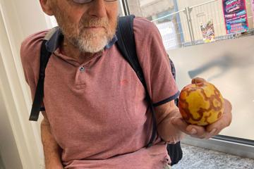 Reinhard Luntz betritt die BNN mit einem Kunstwerk auf einem Apfel.