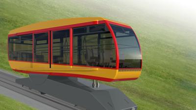 Die neuen Wagen der Durlacher Turmbergbahn sind gelbrot lackiert und haben ein abgerundetes Design.