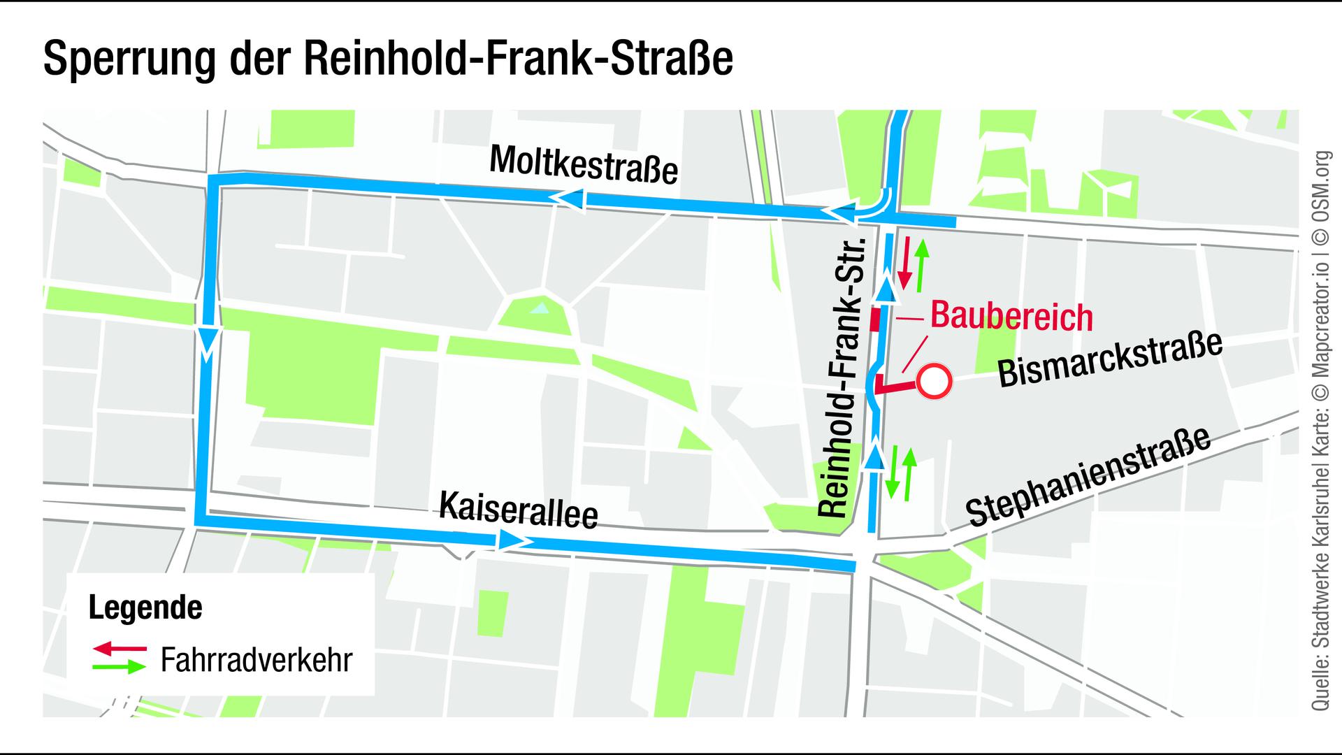 Umleitung eingerichtet: In der Reinhold-Frank-Straße in Karlsruhe wird jetzt gebaut