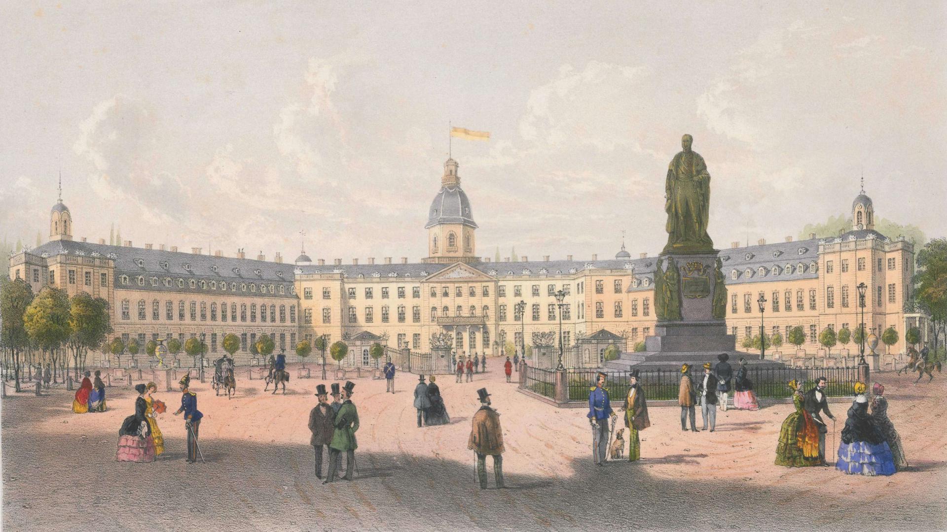 Das Schloss Karlsruhe in einer historischen Ansicht mit davor flanierenden Damen und Herren.