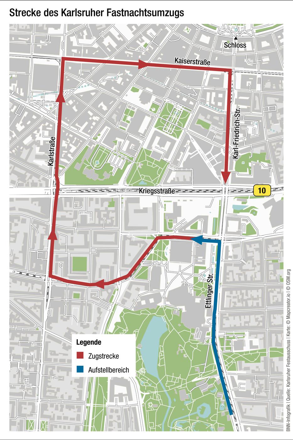 Strecke des Karlsruher Fastnachtsumzugs 2023
