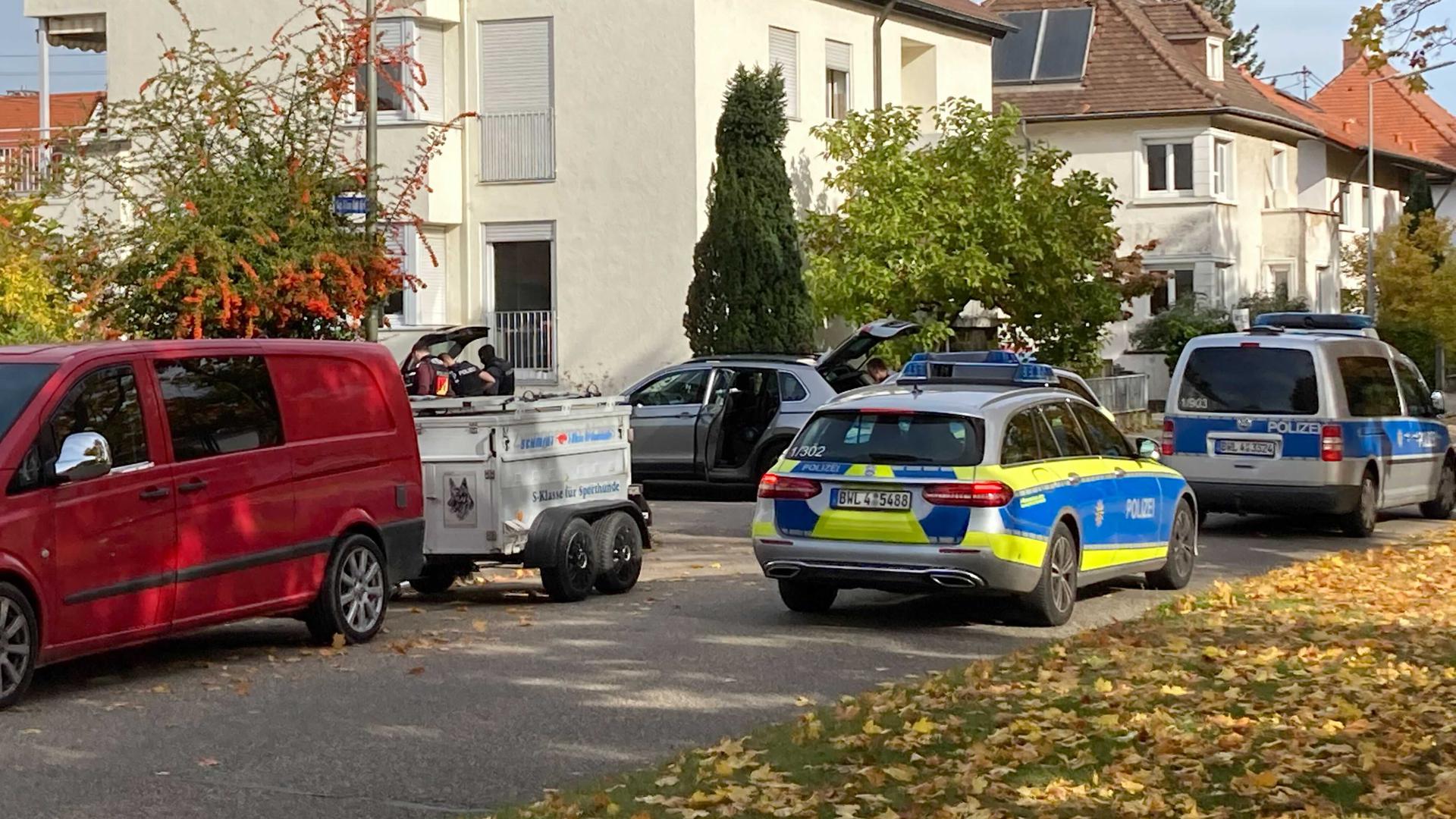 Polizeiautos stehen in einer Straße in Karlsruhe-Neureut.