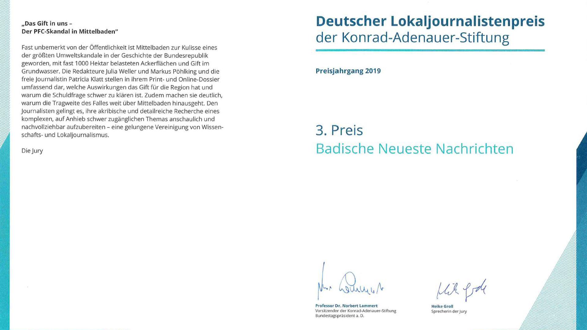 Die Jury überreichte den BNN-Autoren in Berlin diese Urkunde.