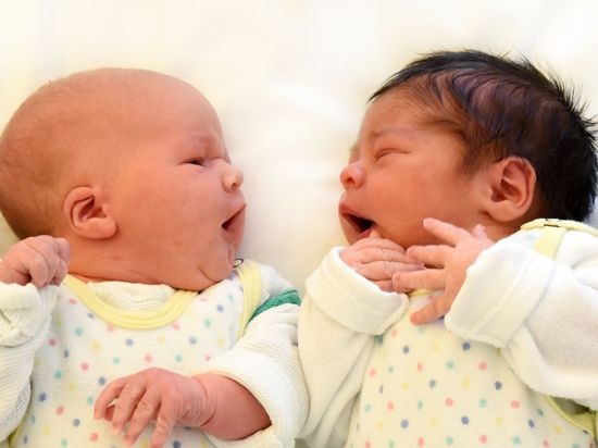 Auf der Wochenstation einer Universitätsklinik liegen zwei Neugeborenen nebeneinander.