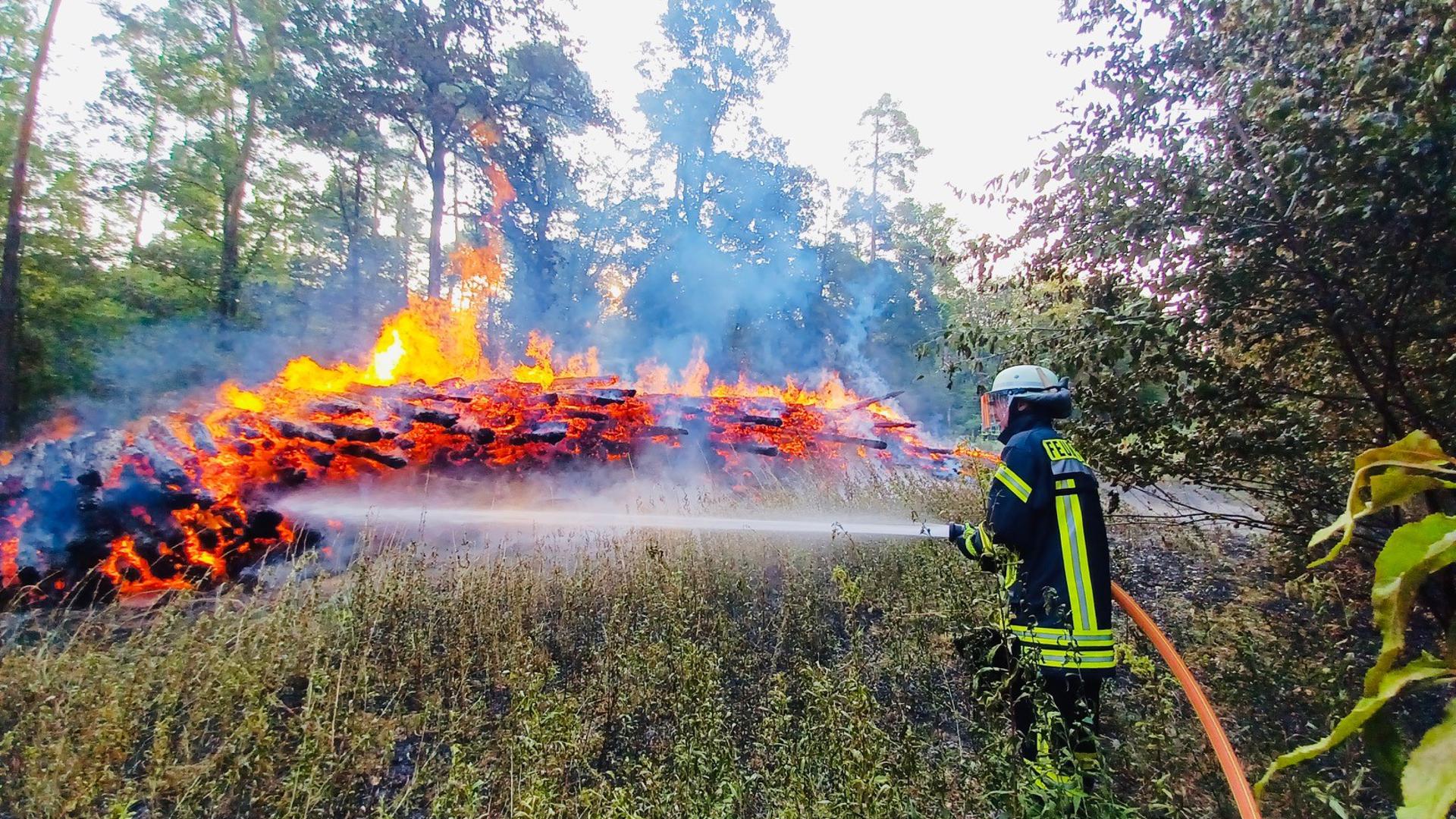 Ein Feuerwehrmann löscht brennendes Holz im Hardtwald bei Stutensee. 