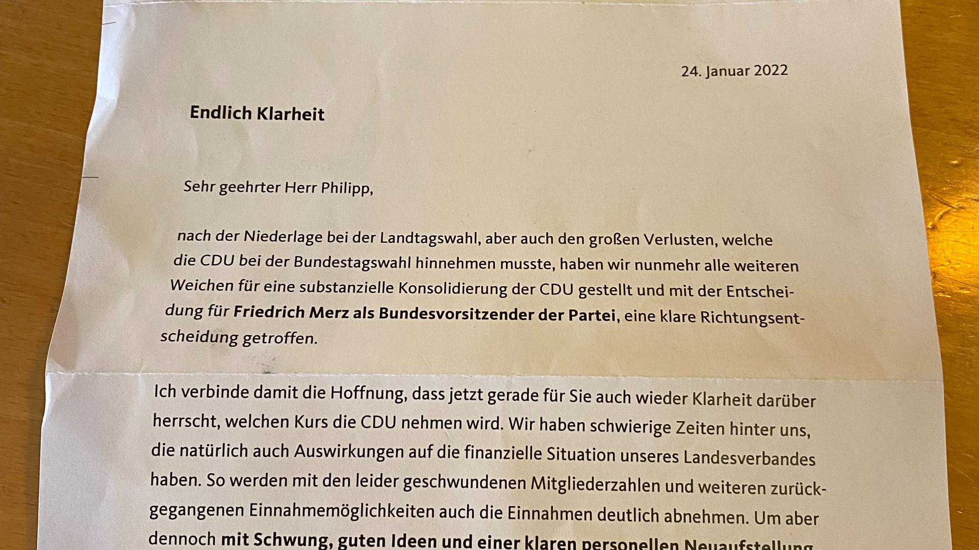 Mit einem Brief wirbt die CDU Baden-Württemberg um Spenden.